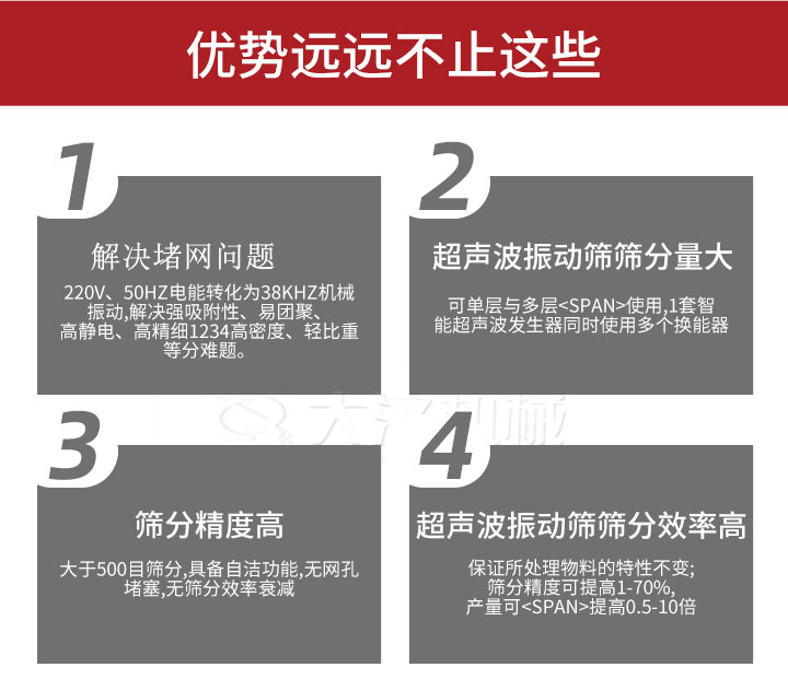 超聲波振動(dòng)篩優(yōu)勢：1，高效解決堵網(wǎng)問題220V，50HZ電能轉(zhuǎn)化為38KHZ機(jī)械振動(dòng)，解決強(qiáng)吸附性，易團(tuán)聚，高靜電，高精細(xì)1234高密度，輕比重等難題。2，超聲振動(dòng)篩篩分量大：可單層與多層使用1套只能超聲波發(fā)生器同時(shí)使用多個(gè)換能器。3，適合大于500目篩分，具備自潔功能，無網(wǎng)孔堵塞，無篩分效率衰減。4，超聲波振動(dòng)篩篩分效率高：保證所處理物料的特性不變，篩分精度可提高1-70%。