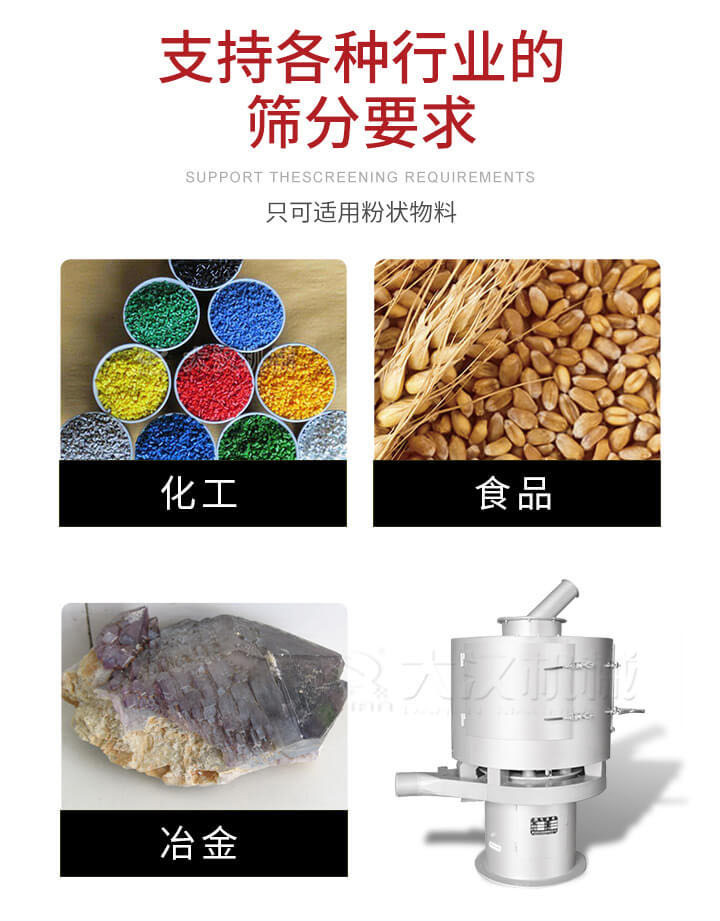 氣流篩用于礦粉，石墨粉，活性納米碳酸鈣，鋁灰，大豆粉，碳酸重鈣，石墨粉，木粉，干草，重金石粉，藥粉末，橡膠顆粒，草酸鹽，干料粉，木粉，聚酯粉，干粉，塑料，金屬粉末，橡膠粉，粉煤灰，石墨粉，陶瓷粉，鋅粉，石英粉，石灰粉，鐵粉，金屬硅粉等。