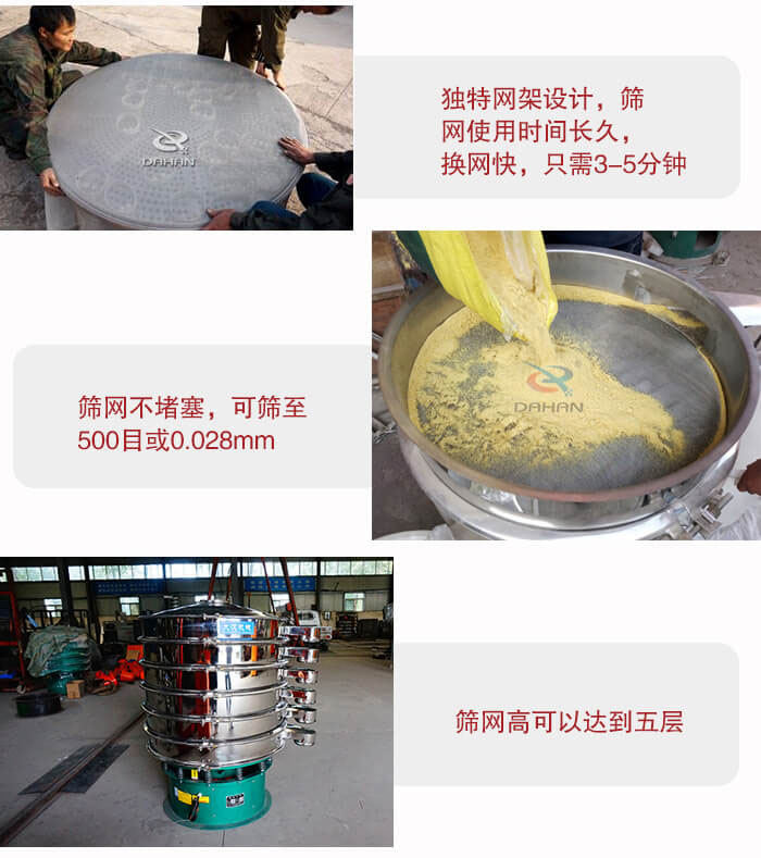 三次元振動(dòng)篩的特點(diǎn)：篩網(wǎng)使用時(shí)間長換讓時(shí)間短，篩網(wǎng)不堵塞，可篩至500目或0.028mm。