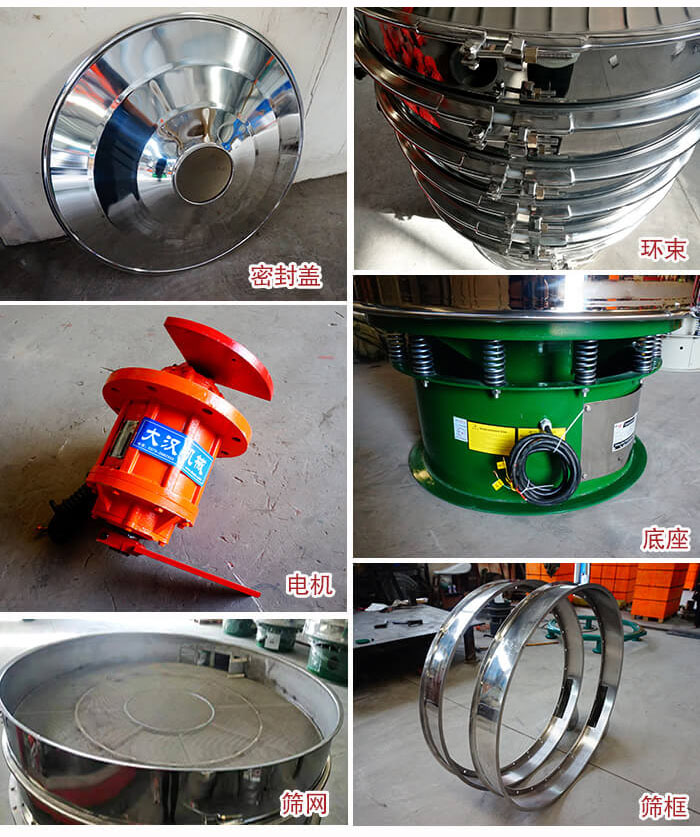 部件包括：密封蓋，環(huán)束，電機(jī)，底座，篩網(wǎng)，篩框等。