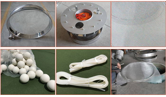 800型全不銹鋼振動篩配件有：振動篩篩框，電機(jī)，不銹鋼篩網(wǎng)等。