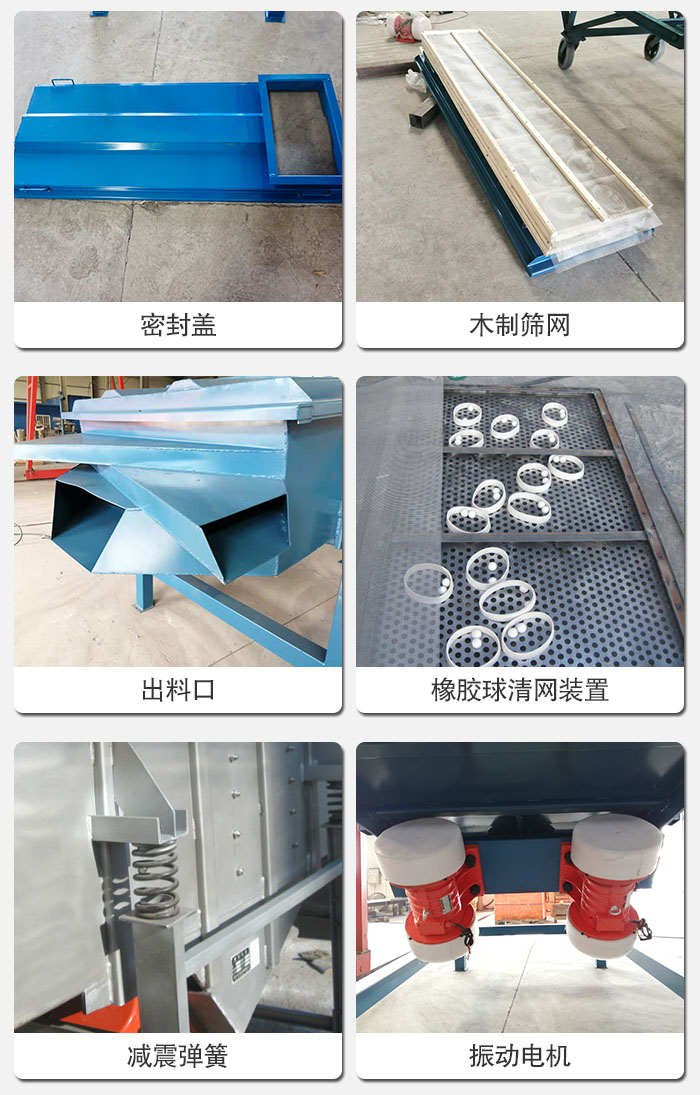 直線篩結(jié)構(gòu)展示：篩網(wǎng)，篩箱，振動(dòng)電機(jī)，振動(dòng)電機(jī)座，減震彈簧，支架等部件展示圖