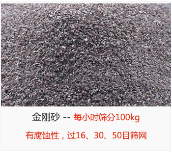 篩分金剛砂每小時100kg，有腐蝕性，過16、30、50目篩網(wǎng)