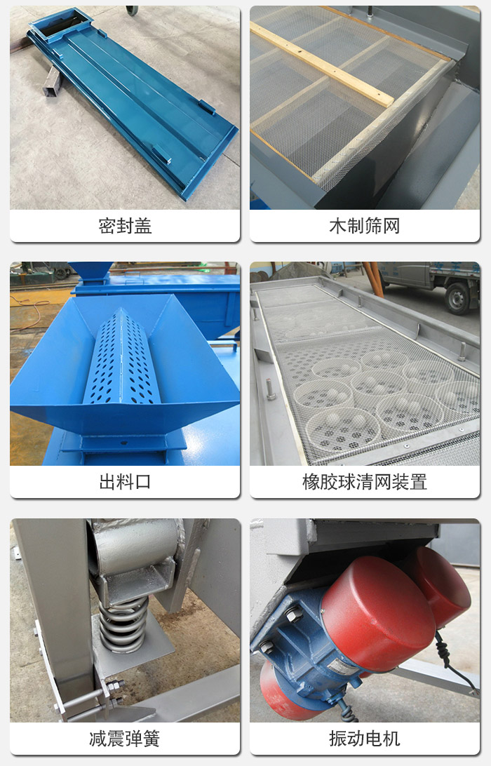 直線篩分機(jī)的結(jié)構(gòu)展示圖：篩箱是物料主要篩分設(shè)備之一，篩網(wǎng)用于篩分物料，振動(dòng)電機(jī)幫助篩網(wǎng)篩分。