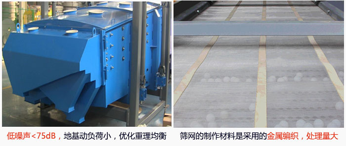 方形搖擺篩采用低噪聲<75dB，地基動負荷小，優(yōu)化重理均衡；篩網(wǎng)的制作材料是采用的金屬編織，處理量大。