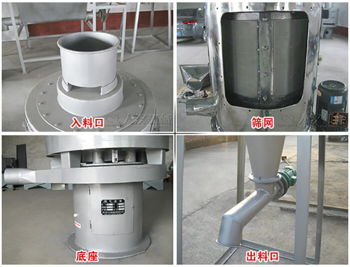 氣流篩部件展示：入料口，篩網(wǎng)，底座，出料口等。