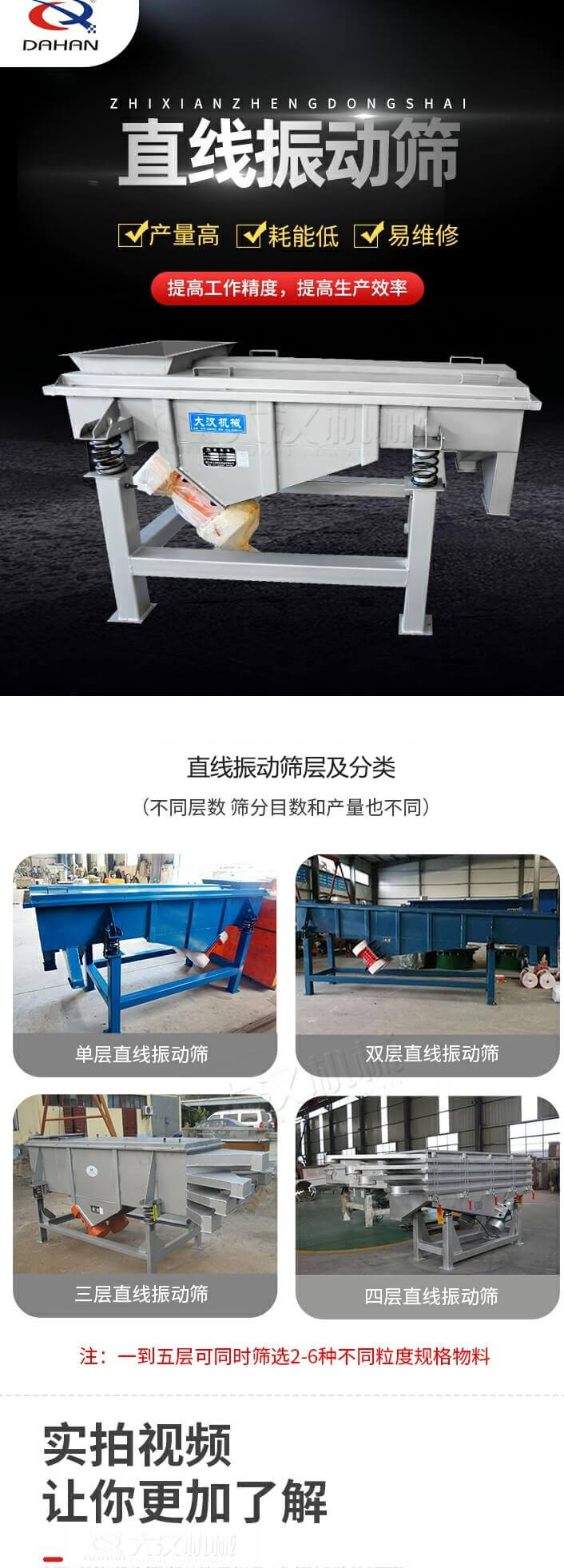 直線振動(dòng)篩概述，產(chǎn)量高，耗能低，易維修，提高工作精度，提高生產(chǎn)效率，直線振動(dòng)篩層級分類：不同層數(shù)，篩分目數(shù)和產(chǎn)量也不同：單層，雙層，三層，四層等。