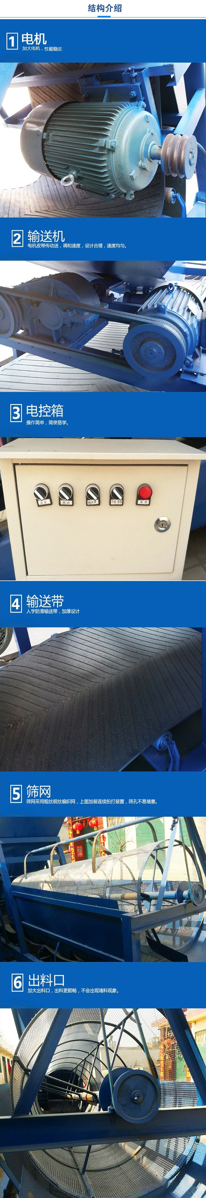 移動(dòng)篩沙機(jī)結(jié)構(gòu):電機(jī)，加大電機(jī)，性能相對(duì)比較穩(wěn)定。輸送機(jī)：電機(jī)皮帶傳動(dòng)送，調(diào)和速度，設(shè)計(jì)合理，速度均勻。電控箱：操作簡(jiǎn)單，簡(jiǎn)便易學(xué)。輸送帶：人字防滑輸送帶，加厚設(shè)計(jì)。篩網(wǎng)，采用粗絲鋼絲編織而成的篩網(wǎng)，上面加裝連續(xù)拍打裝置，篩孔不易堵塞。出料口：加大出料口，出料更順暢，不會(huì)出現(xiàn)堵料現(xiàn)象。