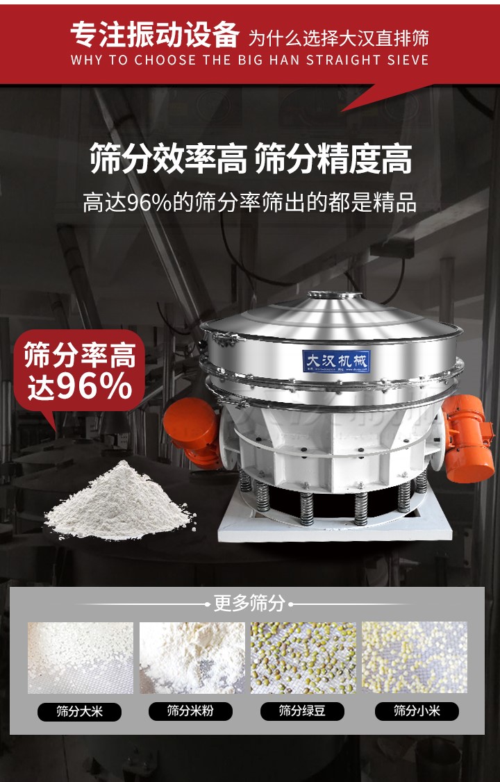直排篩適用物料有面粉，淀粉，洗衣粉，金屬粉，添加劑，化工，非礦等行業(yè)。