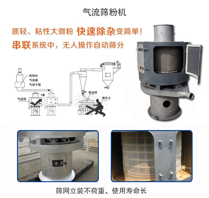 氣流篩粉機(jī)適用：質(zhì)輕，粘性大微粉采用串聯(lián)系統(tǒng)重，無人操作自動(dòng)篩分 特點(diǎn)：篩網(wǎng)立裝不負(fù)重，使用壽命長(zhǎng)。