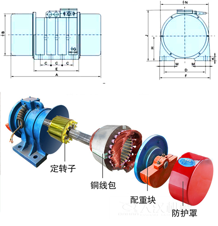 YZS振動電機(jī)內(nèi)部主要部件：定轉(zhuǎn)子，銅線包，配重塊，防護(hù)罩。