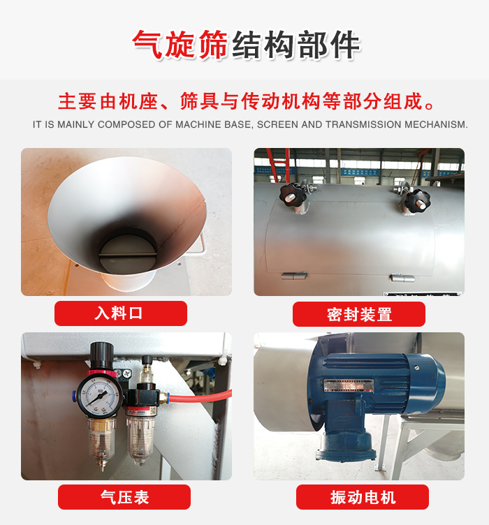 氣旋篩結構：入料口，密封裝置，電機，氣壓表等