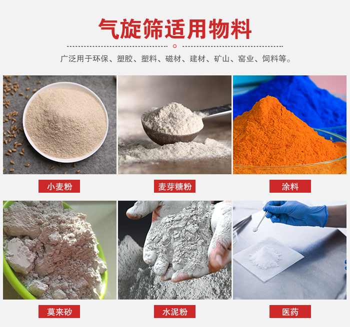 氣旋篩適用物料：小麥粉，麥芽糖粉，涂料，等粉狀物料。