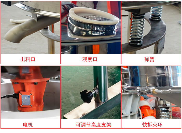 高頻篩細(xì)節(jié)展示：出料口，觀察口，彈簧，電機(jī)，可調(diào)節(jié)高度支架，快拆束環(huán)。
